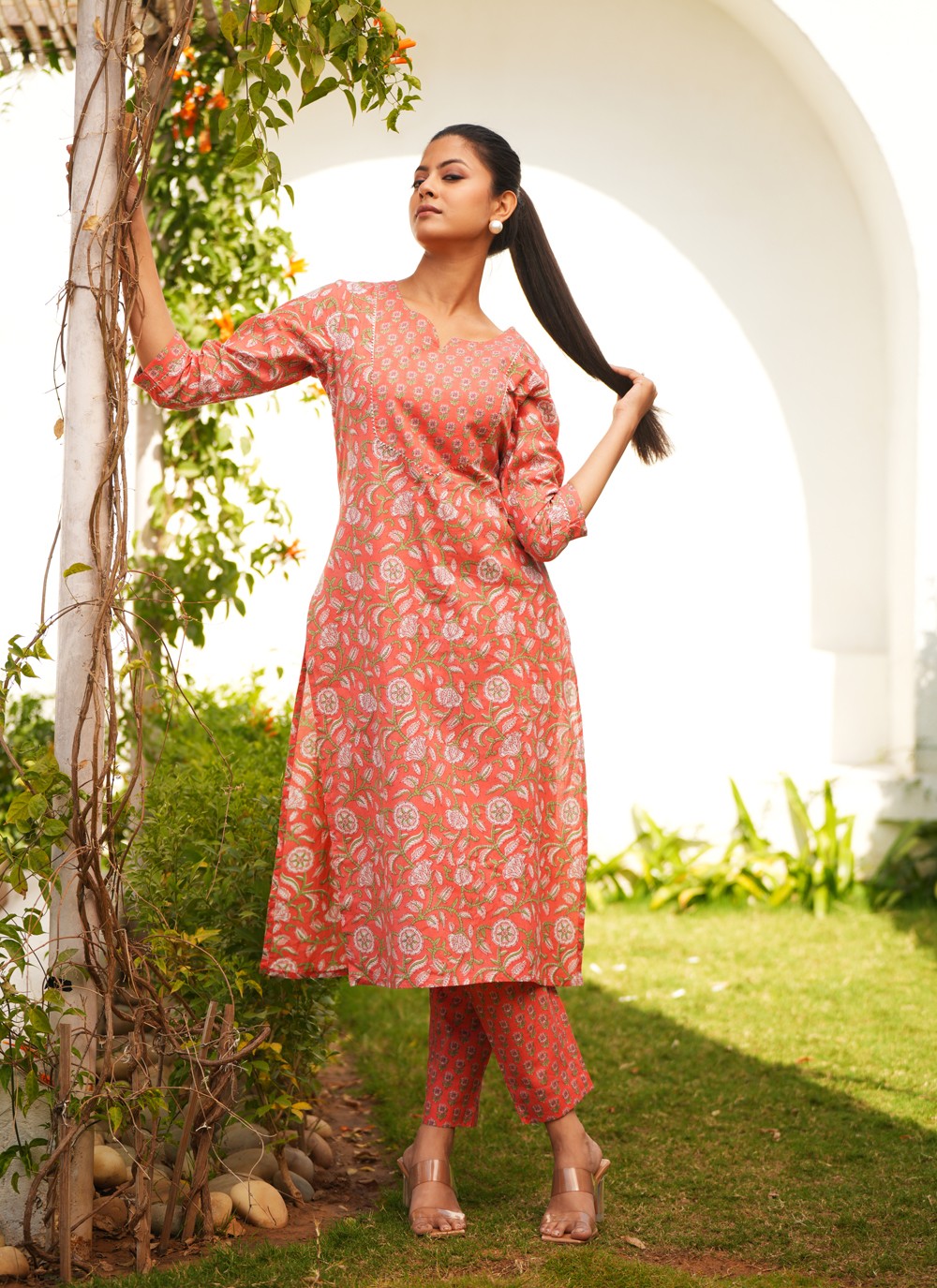 Peach Blossom Straight Cotton Kurta Pant