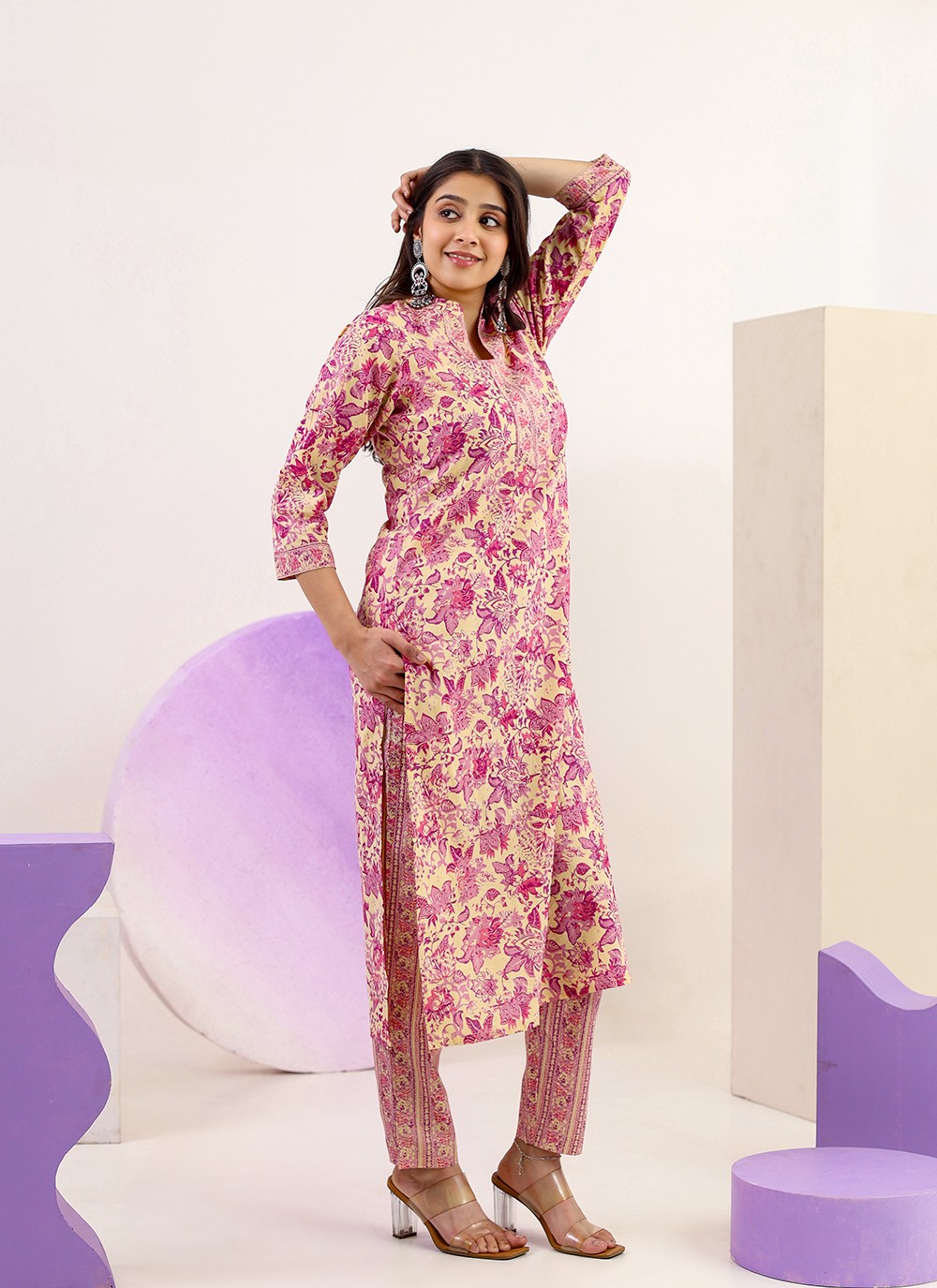 Beige Blossom Straight Kurta Pant