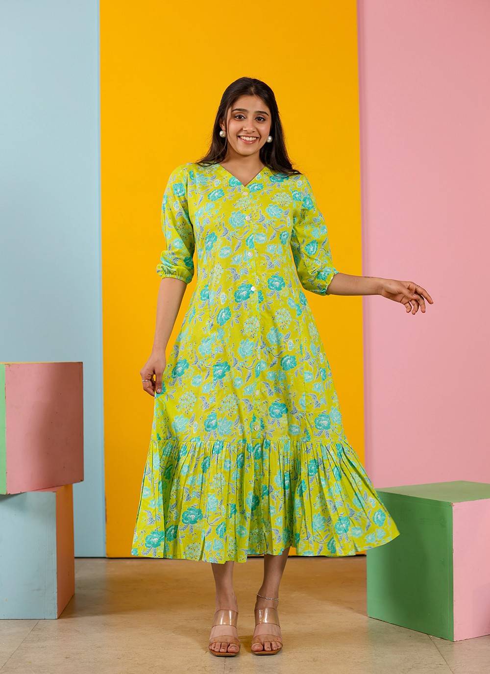 Florescent Vibes Flared Cotton Dress