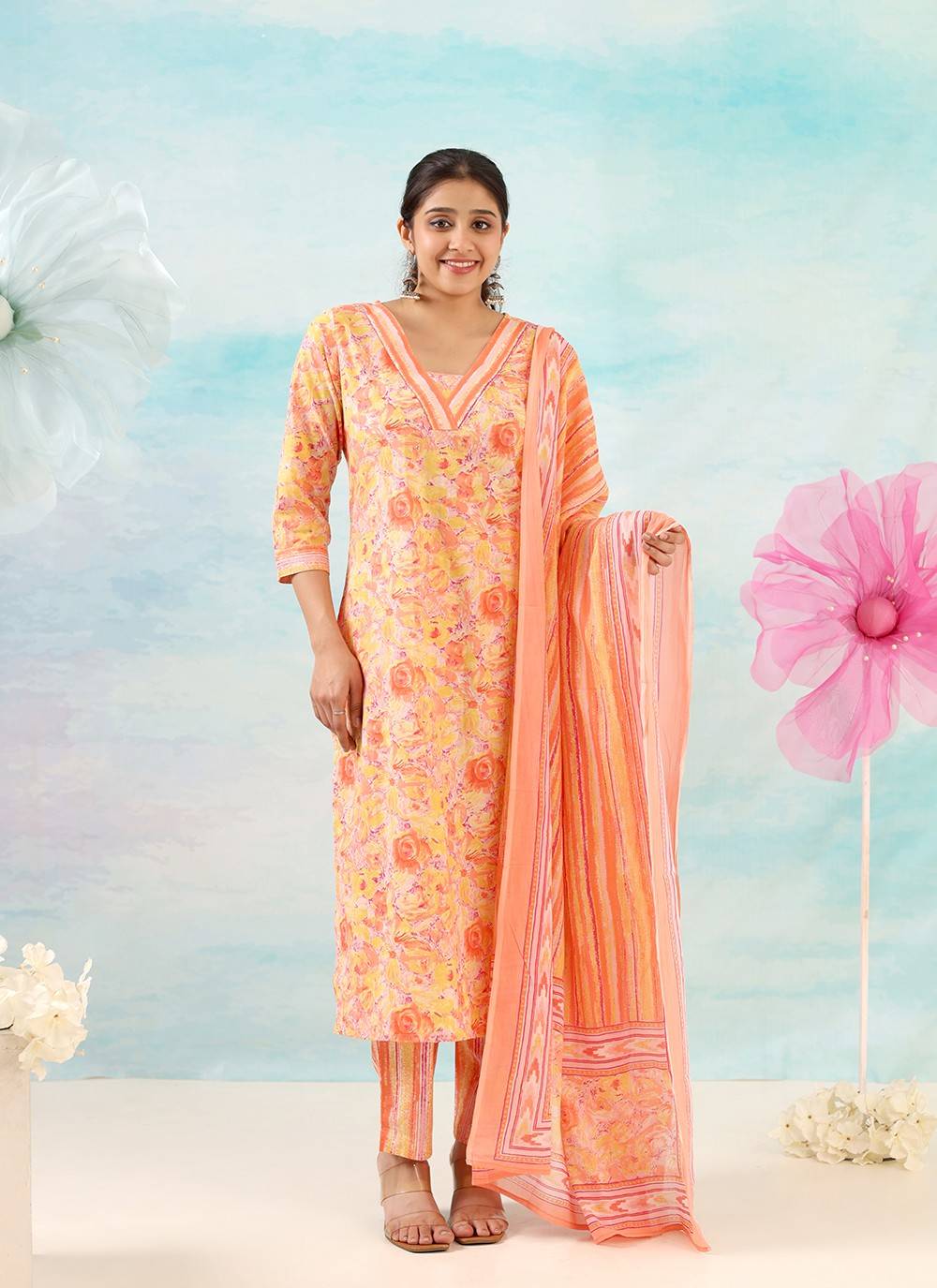 Peach Story Straight Cotton Dupatta Suit